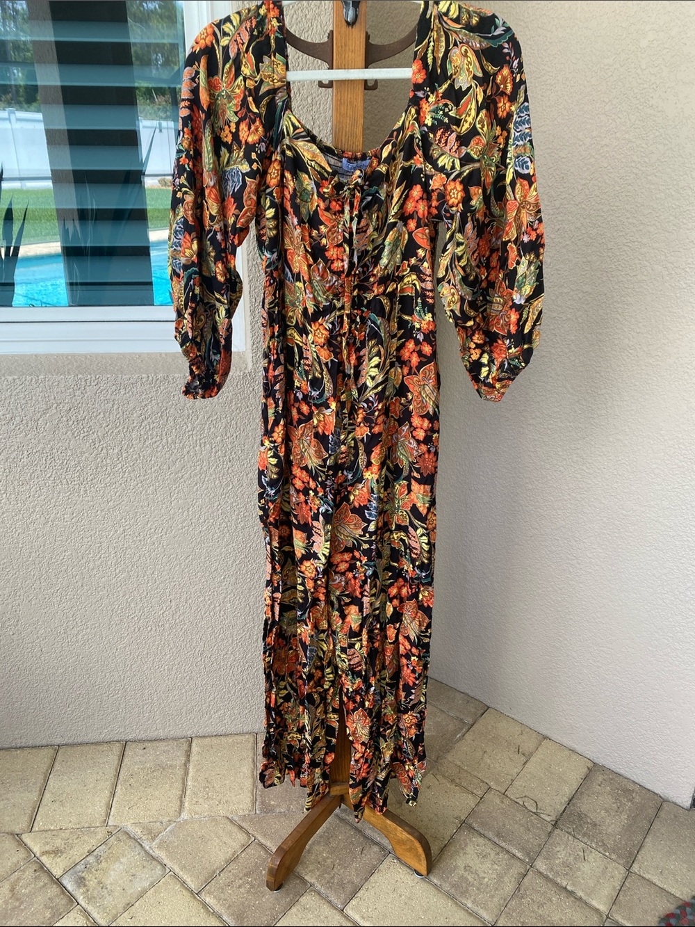 Floral Black Maxi Dress with Orange and Green Print